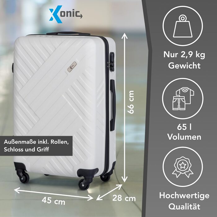 Валіза Xonic Design ABS пластик, жорсткий корпус, коліщатка 360°, кодовий замок, біла, розмір L