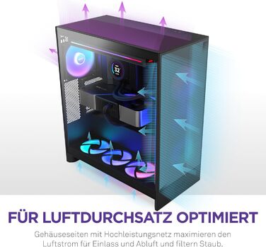 Корпус NZXT H7 Flow RGB для ПК, Mid-Tower ATX, з RGB-вентиляторами, підтримкою підлогових вентиляторів для прямого охолодження відеокарти, 360 мм, чорний
