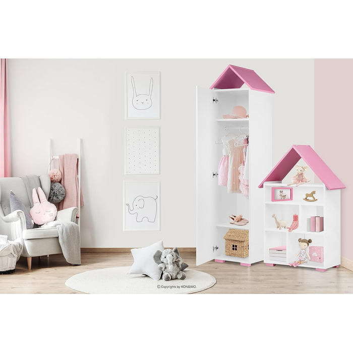 Дитяча шафа KONSIMO PABIS 190,5x47,5x46 см, будиночок, рожевий, книжкова полиця для дівчаток і хлопчиків