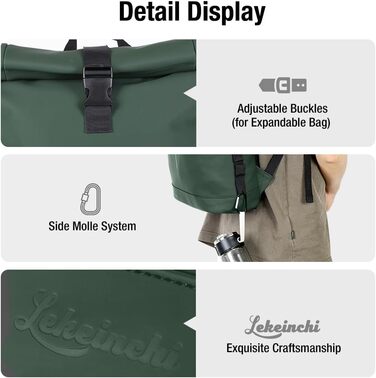 Водонепроникний рюкзак Lekeinchi Rolltop для ноутбука 17'' – зелений, універсальний для жінок і чоловіків, з відділенням для ноутбука, стильний міський рюкзак для подорожей, навчання, роботи та велосипеда