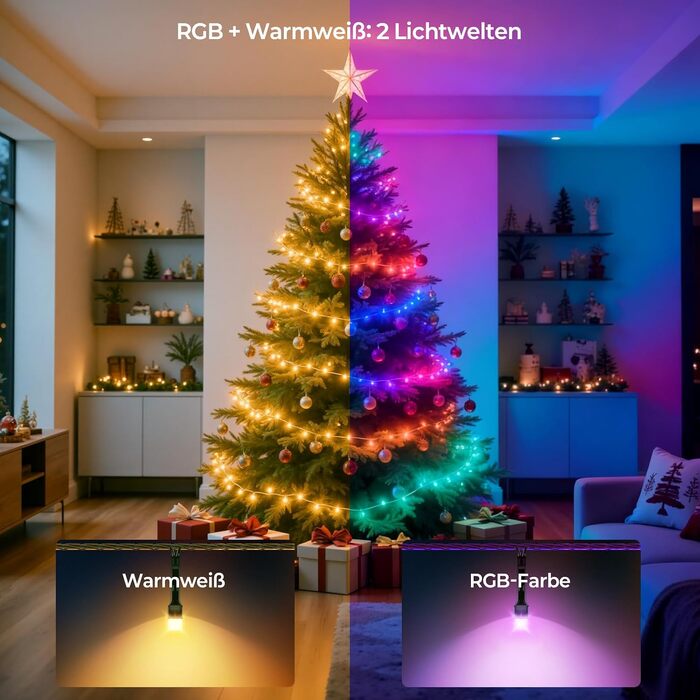 Розумна світлодіодна гірлянда YAYZA! для ялинки 20м, 200 LED RGB (16 млн кольорів), керування через App та пульт, водонепроникна IP44 для дому та вулиці