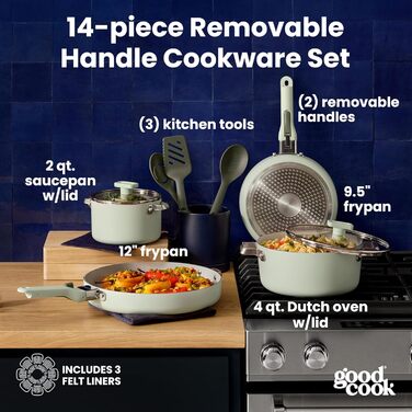 Набір посуду GoodCook Keramik 14 предметів з антипригарним покриттям, знімні ручки, для індукції та духовки, зелений шавлія