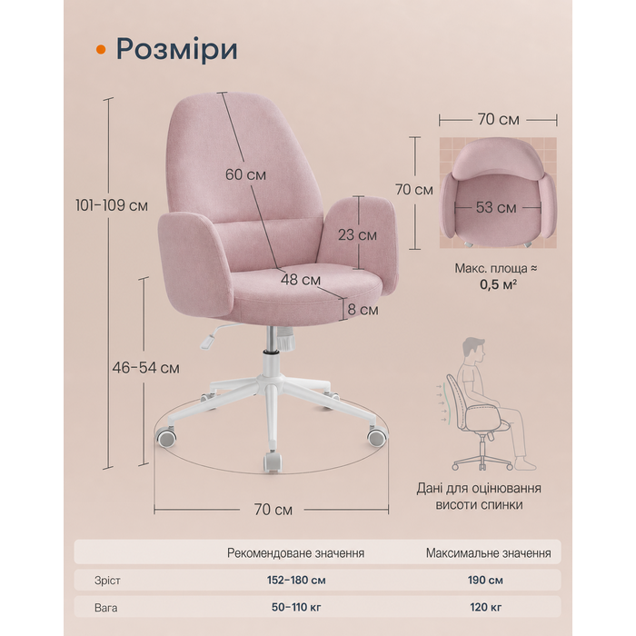 Поворотне крісло регулюється по висоті за допомогою підлокітників - пастельно-рожевий