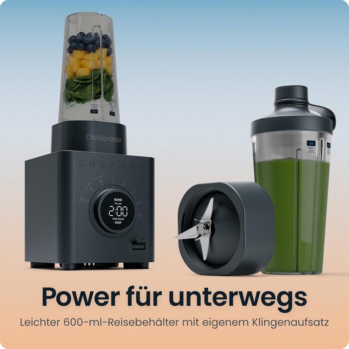 Блендер стаціонарний Chefman Obliterator 1.2л, 1380W, для смузі, льоду, горіхів, з нержавіючою сталлю, функція Auto Blend, пляшка 600мл - Midnight