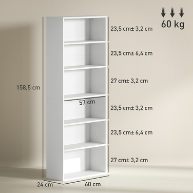 Стелаж для книг з 6 відділеннями, регульовані полиці, ДСП, 60 x 24 x 158,5 см, білий