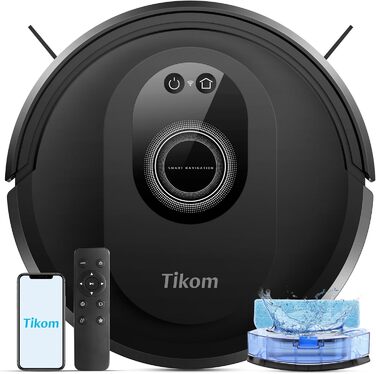 Робот-пилосос 2-в-1 з функцією миття підлоги Tikom G8000 Max, 5000Pa, самостійна зарядка, Wi-Fi, 150 хв, для тварин, килимів, твердих підлог, чорний
