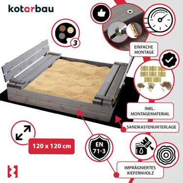 Пісочниця Kotarbau з кришкою та лавками 120x120 см, дерев'яна, сіра - дитячий пісочний куточок для саду