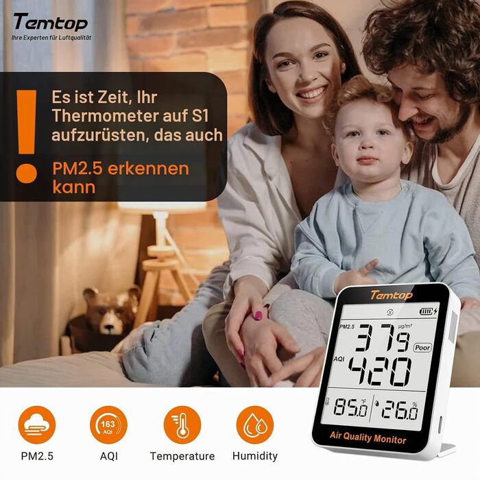 Монітор якості повітря Temtop S1: вимірювач PM2.5, AQI, температури та вологості, для дому та офісу, подовжений термін роботи батареї (60 днів)