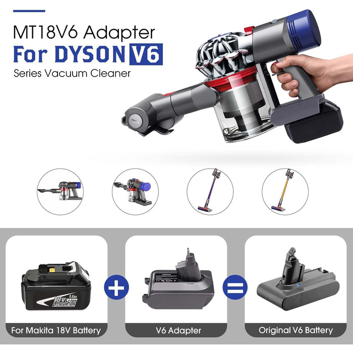 Адаптер TEPULAS для Makita 18V до пилососа Dyson V6, перехідник MT18V6 для акумулятора Makita, сумісний з Dyson V6 Absolute, Handheld, Animal, Motorhead, без акумулятора