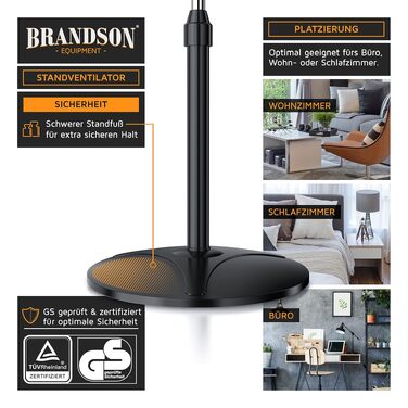 Вентилятор підлоговий Brandson 50 Вт, 40 см, з пультом, 3 швидкості, поворот 80°, регульована висота та кут нахилу 30°