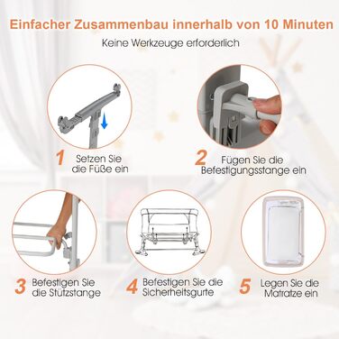 Дитяче ліжко-гойдалка DREAMADE 2 в 1 з регулюванням висоти, 5 ступенів, з матрацом та колесами, 86 x 63 см, для новонароджених до 9 кг, з нахилом 10°, бежевий колір