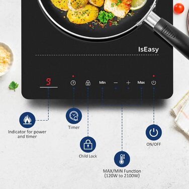Індукційна плита IsEasy на 1 конфорку, 2100 Вт, 28 см, чорна, портативна, з таймером на 8 годин, 9 режимів нагріву, захистом від дітей