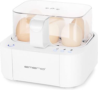 Електрична яйцеварка Emerio EB-115560, 3 рівні приготування, голосове повідомлення, інноваційний дизайн, біла, модель 2022, для яєць будь-якої консистенції (німецька мова)
