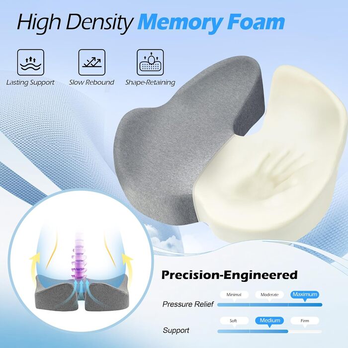 Подушка для офісного крісла Lofty Aim з Memory Foam: ергономічна, для куприка, при болях у спині, для офісу, авто, літака, інвалідного візка - Чорний та світло-сірий