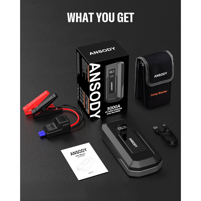 Бустерний пускач автомобіля 3000A Powerbank для авто 12V (до 10л бензин/8л дизель) з LED-ліхтарем та пусковими кабелями, сірий