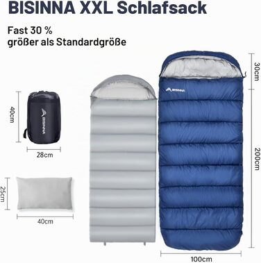 Зимовий спальний мішок BISINNA XXL для дорослих, теплий кемпінговий спальник на 3-4 сезони, поширена модель Plus Size (Синій, 2.5 кг, застібка справа)