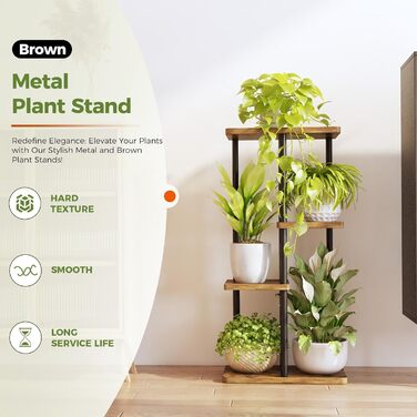 Стійка для рослин Bamworld, металева, 4 яруси, 5 горщиків, для дому та вулиці, чорна, кутова, для балкона, тераси, саду, вітальні, 39x23x78 см, рустикальний коричневий