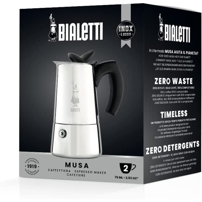 Кавоварка Bialetti Musa з нержавіючої сталі на 2 чашки – класична гейзерна кавоварка для плити, італійська якість