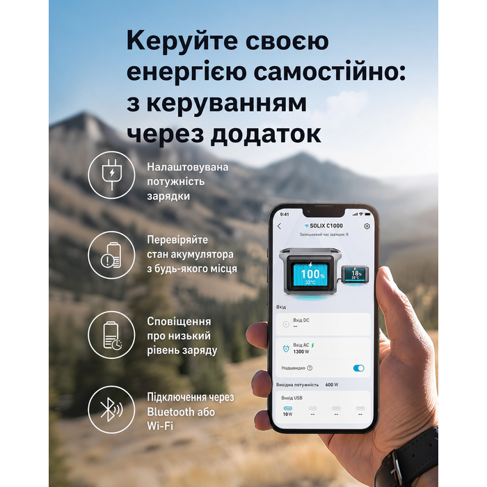 Портативна електростанція Anker SOLIX C1000, ємність 1056 Wh, номінальна потужність 1800 W, пікова потужність 2400 W