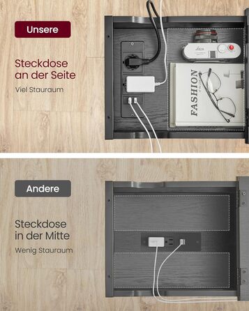 VASAGLE приліжковий столик із розеткою та USB, вузький, з кишенею, чорний з деревною текстурою, для вітальні та спальні