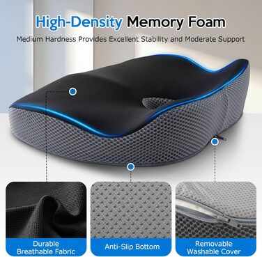 Подушка для офісного крісла з Memory Foam: ортопедична підкладка під куприк для зменшення тиску, широка подушка для сидіння для офісу, автомобіля та інвалідного візка, чорно-сіра