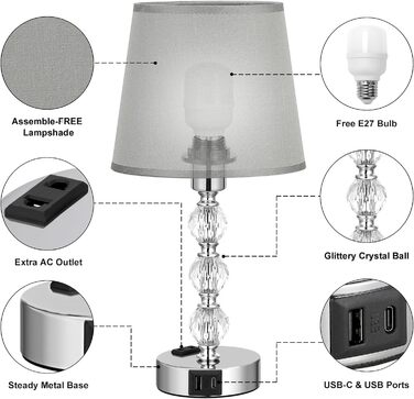 Настільна лампа Kakanuo з кришталем, сенсорне димування, 2 шт, LED, USB-A+C, сірою текстильною абажурою, для спальні, вітальні, офісу, готелю, 37 см