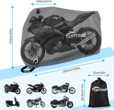Водонепроникний чохол для мотоцикла XXL Toptrek, зимовий, з отвором для замка, для Harley-Davidson, Honda, Suzuki, Kawasaki, 245x105x125 см