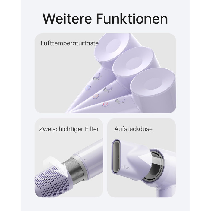 Фен для волосся Laifen SE Lite, швидкість 100 000 об/хв, легкий корпус 345 г, світло-фіолетовий