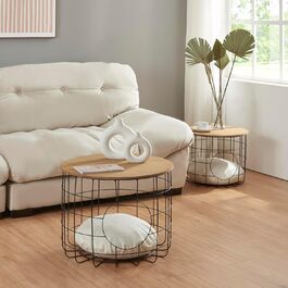 Комплект кошик-столиків en.casa Haapajärvi 2 шт. з котячою хаткою і подушкою, журнальний столик з металу та МДФ, кошики для зберігання, чорний/дерево/беж