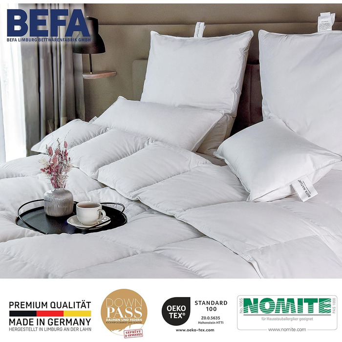 Зимова пухова ковдра BEFA NATUR 155x220 см, 60% пух, 40% перо, гіпоалергенна, сертифікат OEKO-TEX 100, Made in Germany