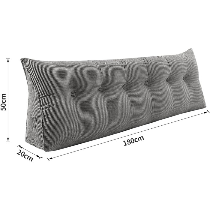 Подушка трикутна для спини OHMG 180x50x20 см, сіра - для ліжка та дивана, з кишенею, знімний чохол
