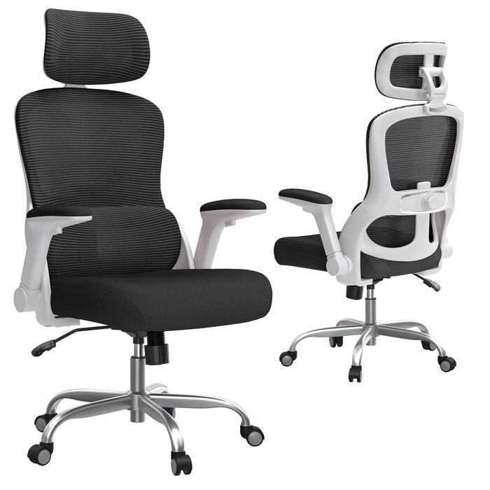 Офісне крісло TRALT Ergonomiczne - ігрове крісло з регульованою підголівником та підтримкою попереку, для дому та офісу, комп'ютерне крісло для великих людей, сітчасте крісло, 150 кг (білий, чорний)