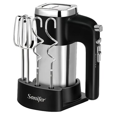 Ручний міксер Sonifer 500W з нержавіючої сталі, 5 швидкостей + турбо, 2 гачки для тіста, 2 вінчики, миється в посудомийній машині