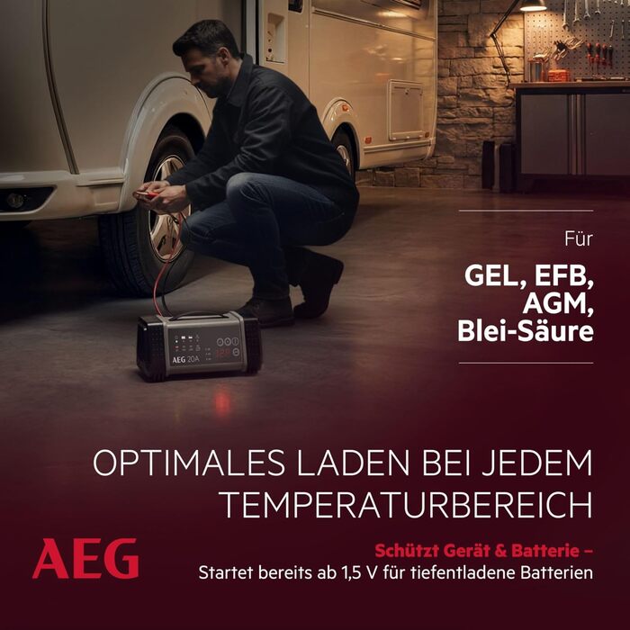 Зарядний пристрій акумуляторів AEG LT 20, 20A для 12/24V авто, 9-ступінчатий, з інтелектуальною функцією заряджання та автоматичним вирівнюванням температури, чорний/сірий