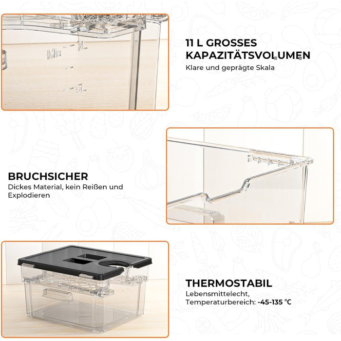 Контейнер для Sous Vide 11л з кришкою та решіткою, полікарбонат (без BPA), універсальний для багатьох Sous Vide пристроїв