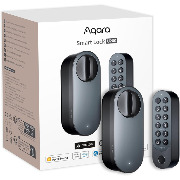 Розумний дверний замок Aqara U200 з відбитком пальця, Matter Over Thread, сумісний з Apple Home Key, акумулятор, підтримка Apple Home, Google Home, Alexa, SmartThings, чорний