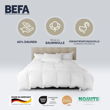 Зимова пухова ковдра BEFA NATUR 155x220 см, 60% пух, 40% перо, гіпоалергенна, сертифікат OEKO-TEX 100, Made in Germany