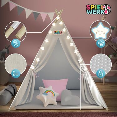 Ігровий намет-вігвам Spielwerk для дітей, 130x130 см, з килимком, гірляндою, подушками, бавовна, дерево, бежево-рожевий, для дому
