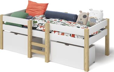 Дитяче ліжко Bellabino 90x200 Aspy, біле напіввисоке з бортиком, масив дерева, з ламелями та 2 шухлядами, для хлопчиків і дівчаток, ліжко з місцем для зберігання