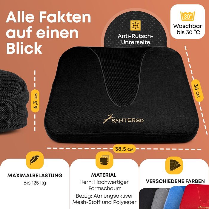 Ергономічна подушка для сидіння з піни Memory Foam (запатентована) для крісла, офісного стільця, автомобіля та інвалідного візка | Ортопедична подушка під спину, чорна