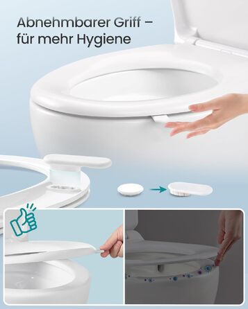 Сидіння для унітаза SONGMICS з мікроліфтом (м'яке закриття), Urea-Duroplast, O-подібне, біле, витримує до 300 кг, зі швидким монтажем та ручкою