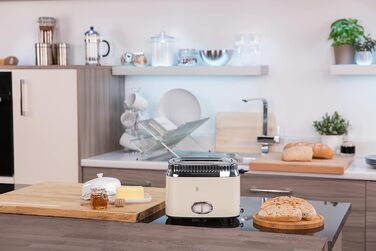 Тостер Russell Hobbs Retro 21680-56 нержавіюча сталь, 2 відділення, кремовий. З підставкою для булочок, 6 режимів, розморожування та підігрів, 1300 Вт