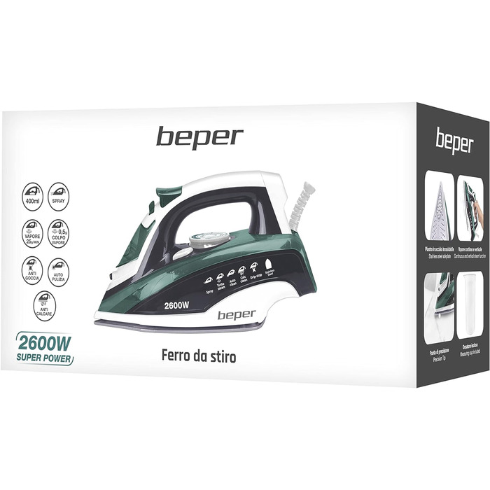 Праска BEPER P204FER003, 2600 Вт, 400 мл, сталева підошва, сухе/парове прасування, регулювання температури, антинакип, захист від протікання, самоочищення