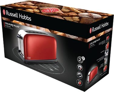 Тостер Russell Hobbs Colours+ Нержавіюча сталь, Червоний – 2 широкі слоти, підставка для булочок, 6 режимів, розморожування, 1000 Вт