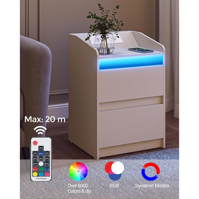 Приліжкові тумби з LED-підсвіткою, зарядною станцією, 2 шухлядами, USB-портами та розетками, стильні та універсальні, чорні, ідеальні для спальні та вітальні, модель NS30004X