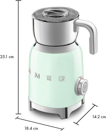 Пінсувальник молока Smeg MFF11PGEU, багатофункціональний, індукційний, 6 програм, ручний режим, скляна колба 600 мл, мірна кришка, вбудований переливання, 500W, пастельно-зелений