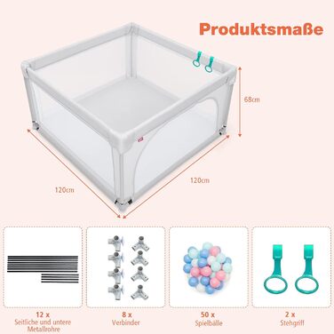 Дитячий манеж COSTWAY 120x120 см з 50 кульками, сіра ігрова зона з дихаючою сіткою, дверцятами та блискавкою для немовлят і малюків