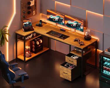 Кутовий письмовий стіл Coleshome з 2 шухлядами та полицею 140x80 см, з розеткою, для дому/офісу, коричневий