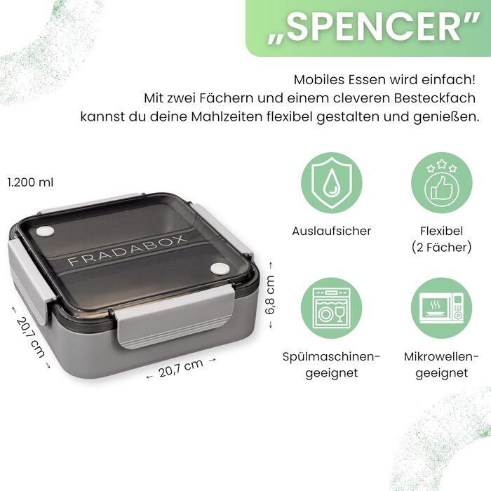 FRADABOX Бенто-ланчбокс Spencer, 2 відділення з ложкою та виделкою, преміум нержавіюча сталь, BPA-free, герметичний контейнер для обіду, підходить для мікрохвильовки, для дорослих і дітей