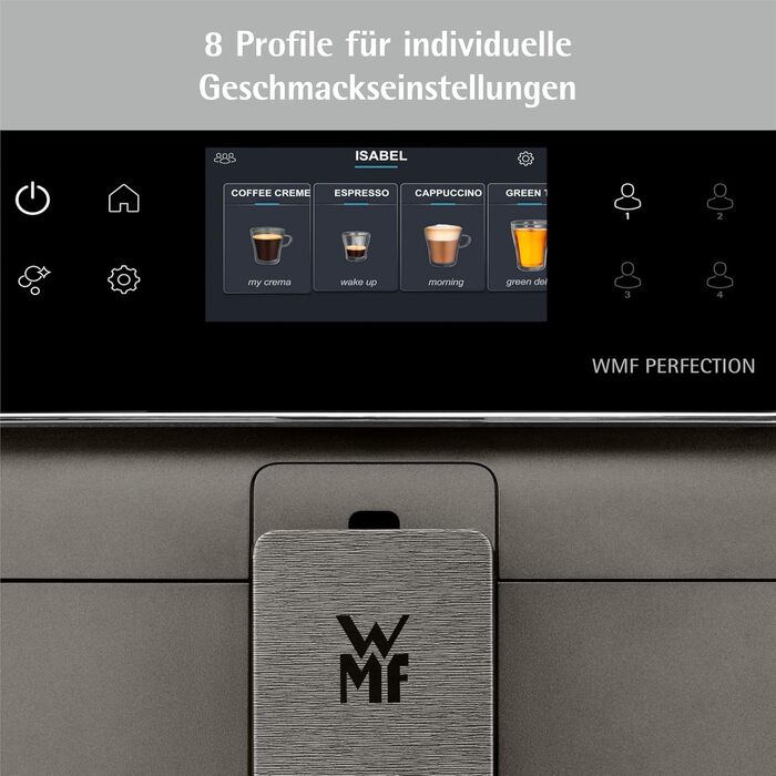 Кавомашина WMF Perfection 780L з молочною системою, 18 напоїв, подвійний термоблок, сталевий млинок, профілі користувачів, резервуар для молока 1 л, сертифікат гігієни TÜV
